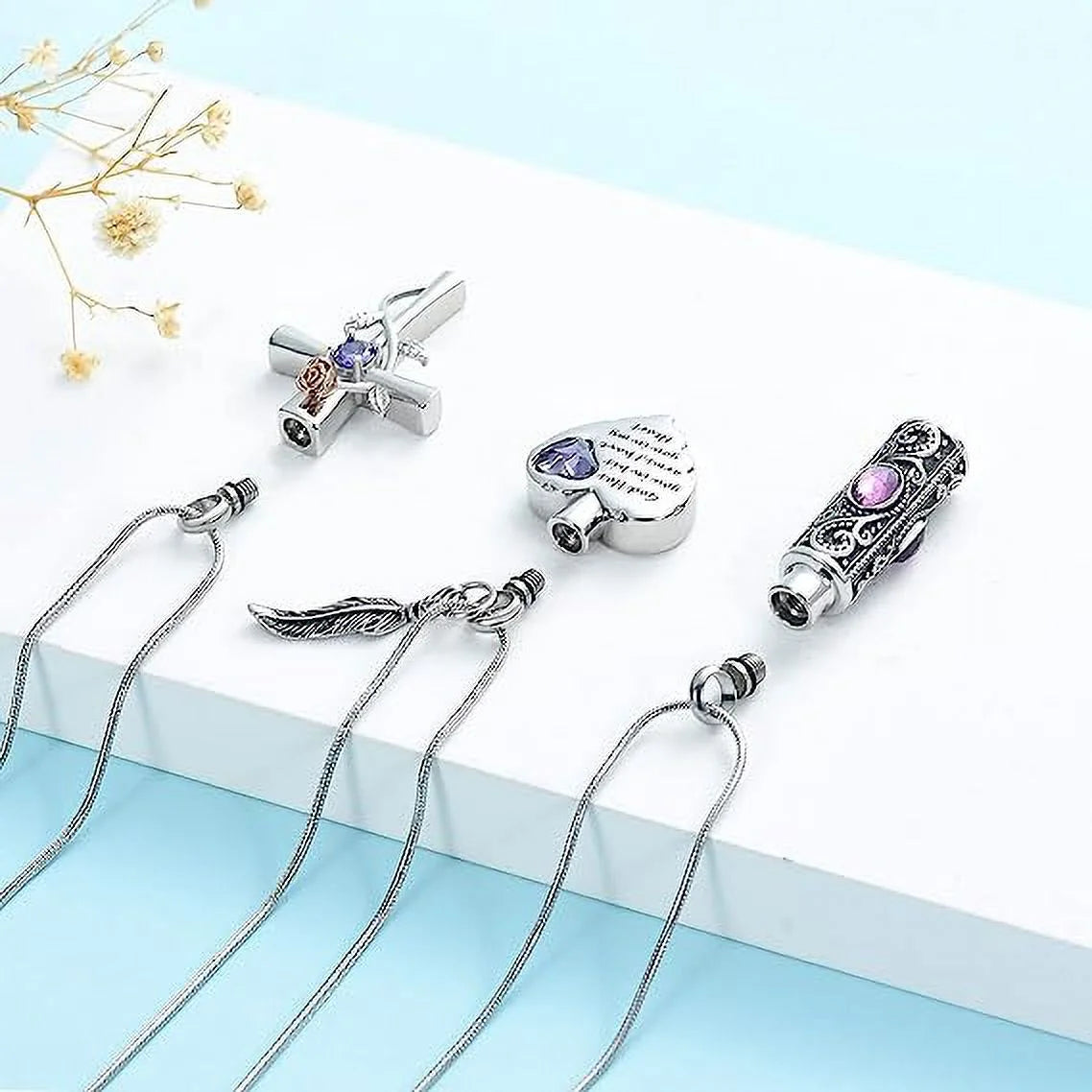 Cylinder Cross Heart Memorial Urn Necklace, Stainless Steel, 3 Pieces Set